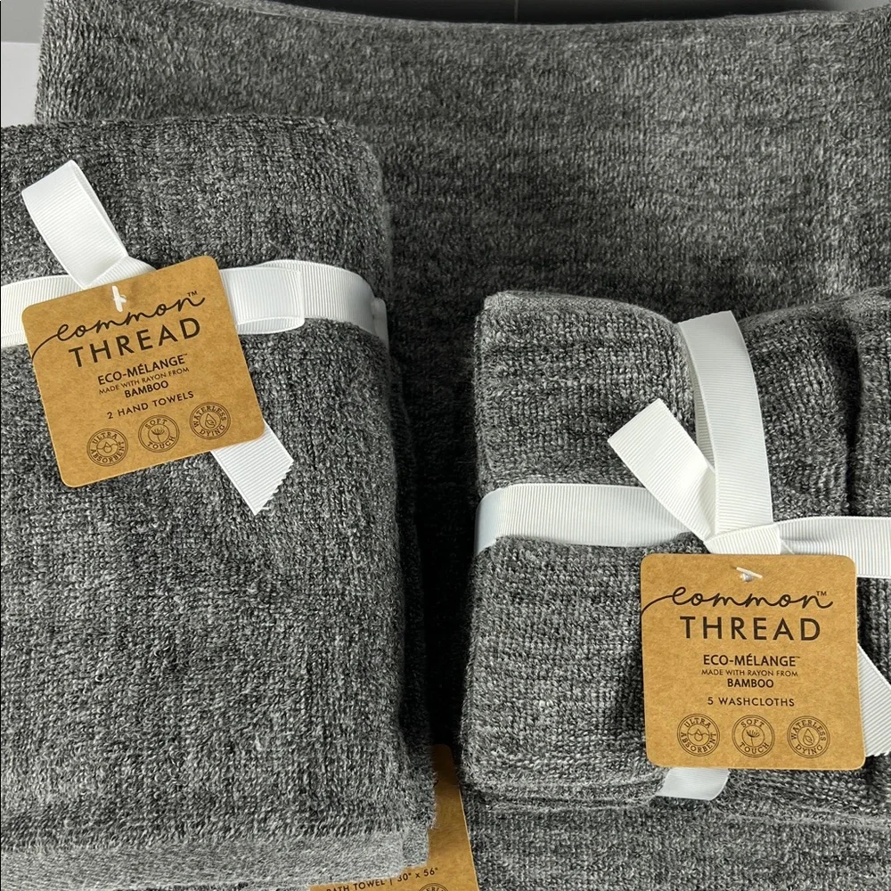Common Thread Bamboo Bath Towel Set Dark Grey Eco Melange Cotton 9 Pc Set NEW